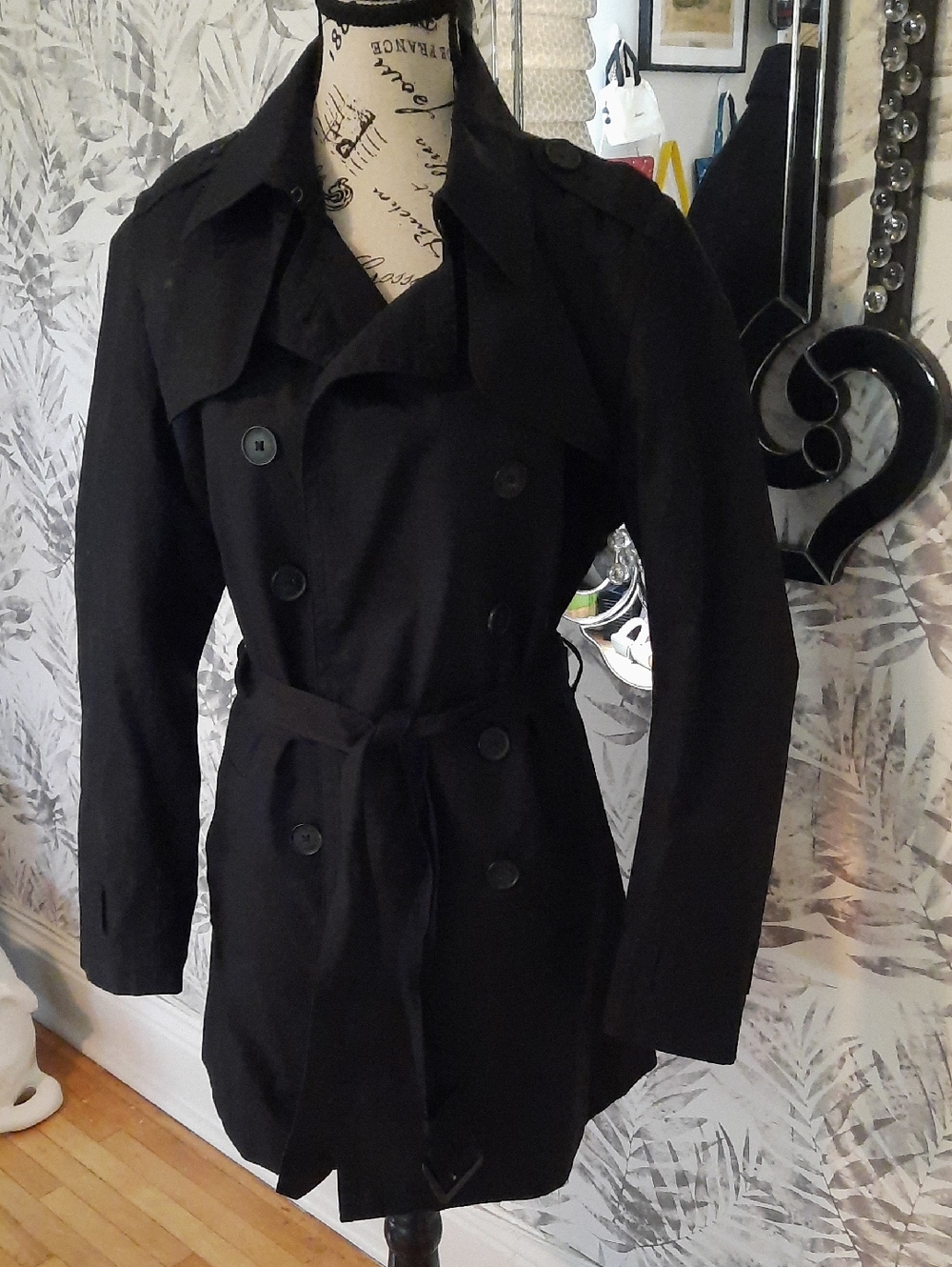 Banana Republic Black Double-Breasted Trench with Tie Belt
